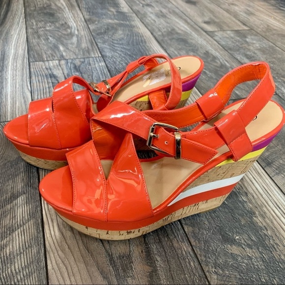 Guess Coral Stripe Sandals Cork Wedge Heels Sz 10 - Picture 2 of 5